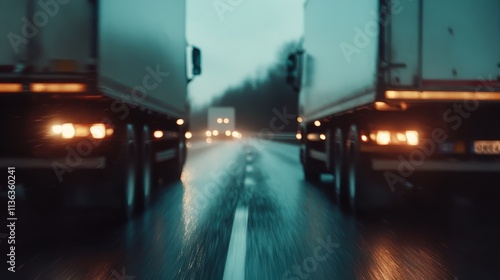 A rainy pavement reflects the glowing lights of trucks moving swiftly along the road  with blurred lines and a deep perspective emphasizing motion and dynamic energy.
