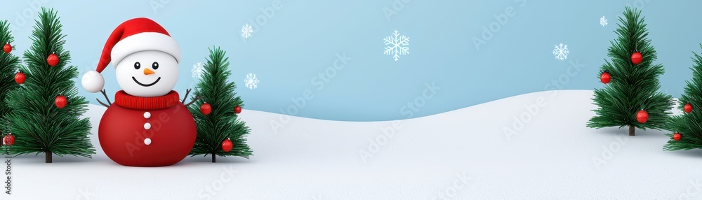 A cheerful snowman in a red scarf stands amidst snow-covered trees, creating a festive winter scene with gentle snowfall. A cheerful snowman in a red scarf stands amidst snow-covered trees, creating a festive winter scene with gentle snowfall.