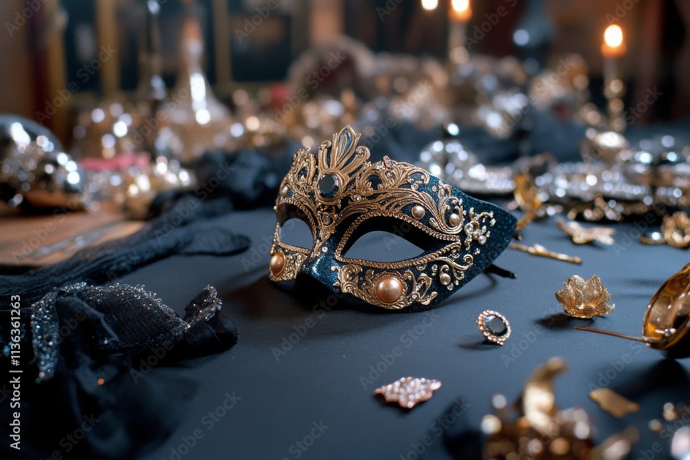 A luxurious mask with golden details rests on a table adorned with elegant accessories, showcasing opulence and mystery under soft ambient lighting. A luxurious mask with golden details rests on a table adorned with elegant accessories, showcasing opulence and mystery under soft ambient lighting.