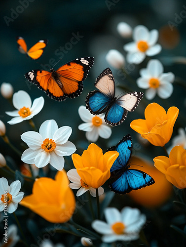 Colorful butterflies flutter among vibrant flowers in spring photo