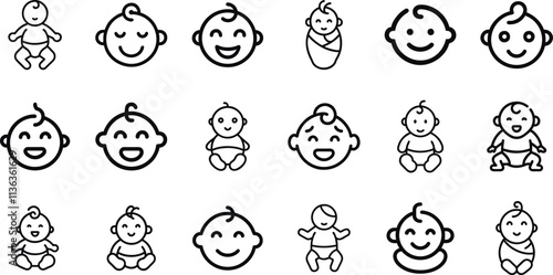 Various facial expressions of the baby vector icon set. Editable line stroke. Flat simple design