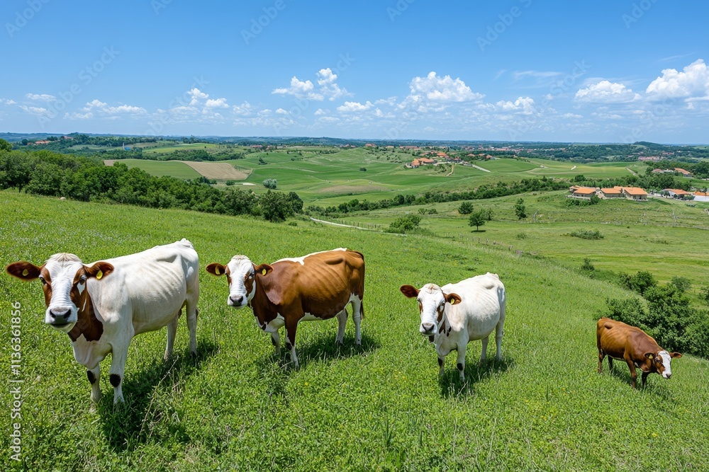 A scenic image of cattle and ewes grazing on a hillside with a clear view of a village and fields in the distance A scenic image of cattle and ewes grazing on a hillside with a clear view of a village and fields in the distance