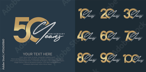 Anniversary logo set vector design, gold and silver color for celebration event