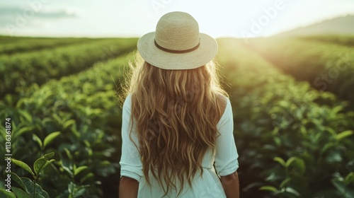 The photograph depicts a woman with long, wavy hair standing in a sprawling green field, dressed in a white outfit and a hat, enjoying the serene sunset ambiance. photo