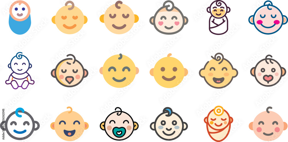 Various facial expressions of the baby vector icon set. Editable line stroke. Flat simple design Various facial expressions of the baby vector icon set. Editable line stroke. Flat simple design