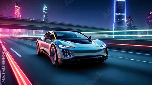 Futuristic Electric Sports Car Driving on Neon-Lit Highway in Modern Night Cityscape

 photo