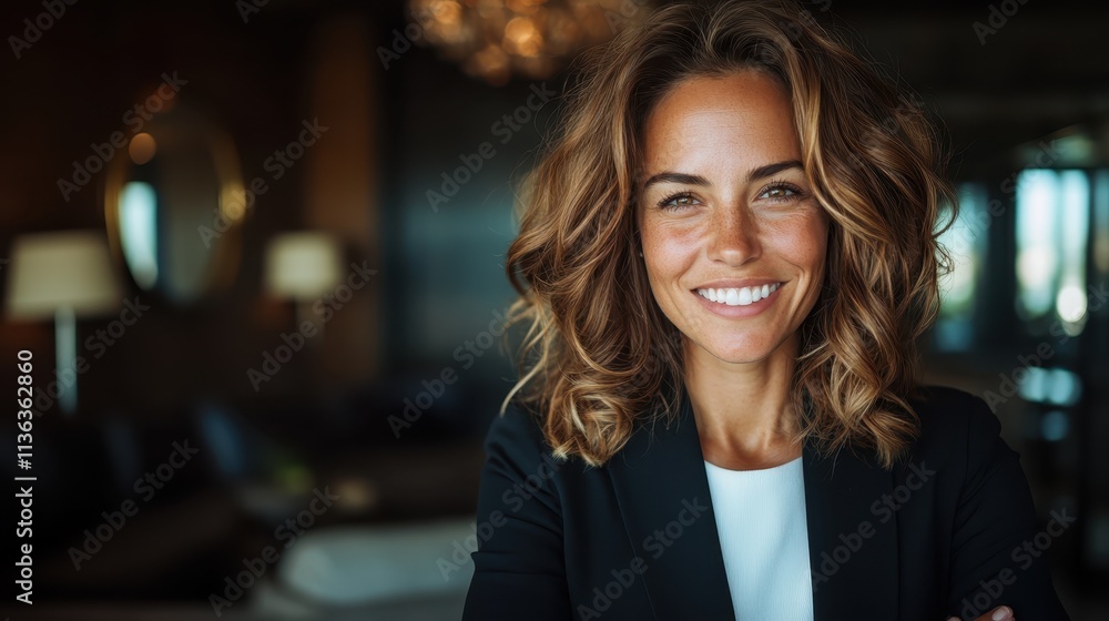 A confident woman with curly hair wearing an elegant suit smiles warmly in a sophisticated and modern interior setting, radiating professionalism and warmth. A confident woman with curly hair wearing an elegant suit smiles warmly in a sophisticated and modern interior setting, radiating professionalism and warmth.