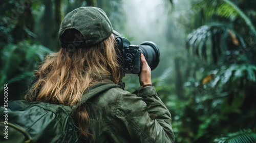 Wallpaper Mural A dedicated photographer, dressed in green with a backpack, expertly navigates a dense jungle, highlighting exploration, focus, and the beauty of wilderness. Torontodigital.ca