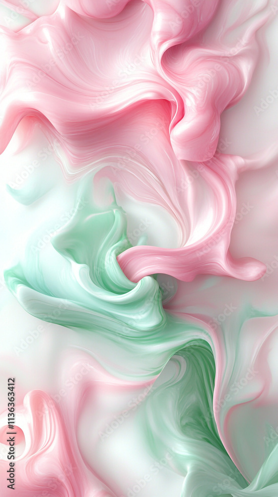 Delicate swirls of pastel pink and mint green liquid paint gently merge on a soft white background, creating a soothing and tranquil abstract scene Delicate swirls of pastel pink and mint green liquid paint gently merge on a soft white background, creating a soothing and tranquil abstract scene