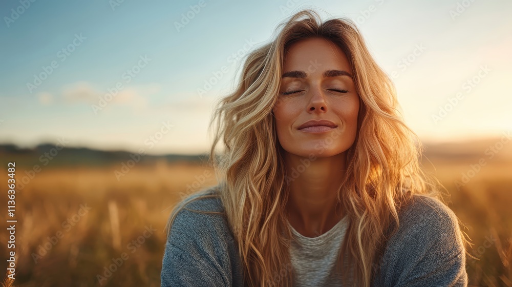 Fototapeta premium A peaceful scene with a woman embracing the sunset, eyes closed, in a wide-open field, capturing tranquility and connection with nature's beauty.
