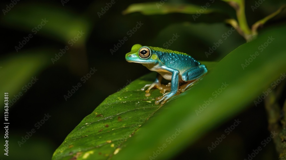 Obraz premium A close-up of a vibrant blue-back reed frog, Heterixalus madagascariensis, perched on a lush green leaf in Madagascar's tropical forest.