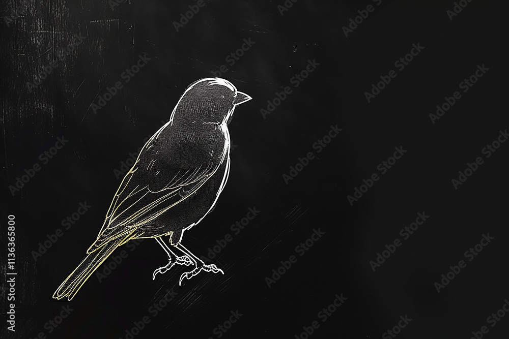 Fototapeta premium A drawing of a small bird, side view, on a dark background.