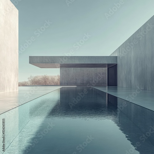 Minimalist architecture  concrete house with infinity pool reflecting clear sky.