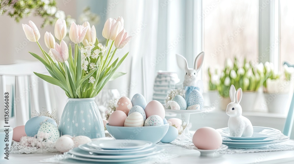 A festive table decorated with Easter-themed items, including pastel-colored eggs, bunny figurines, and fresh tulips. A festive table decorated with Easter-themed items, including pastel-colored eggs, bunny figurines, and fresh tulips.