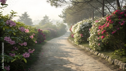 Charming garden pathway bordered by blooming flowers in a serene morning atmosphere
 photo