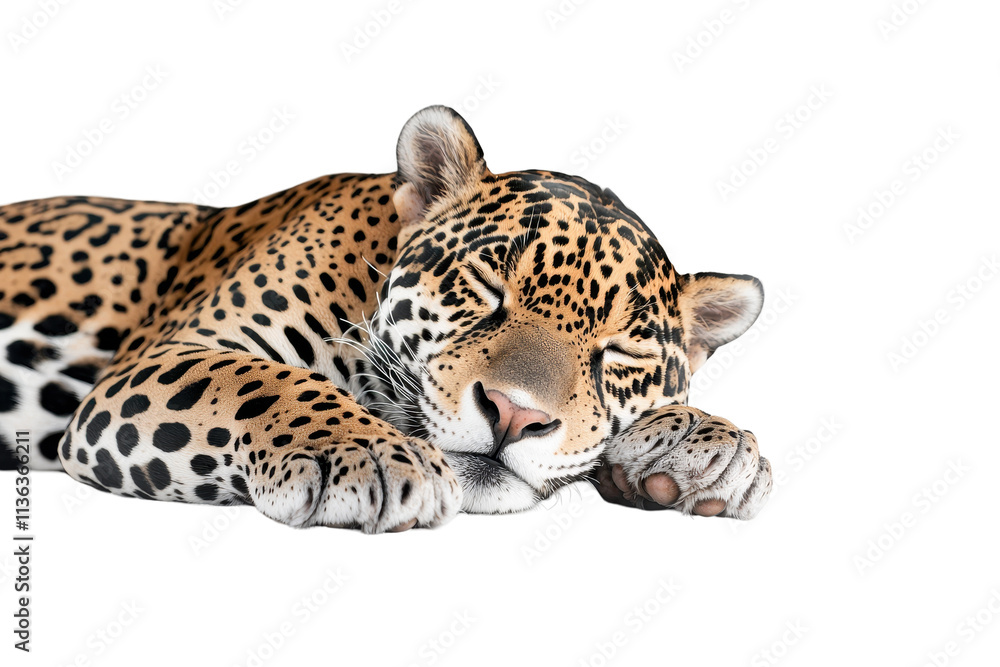 Obraz premium A peaceful leopard resting comfortably, showcasing beautiful fur patterns. transparent background.