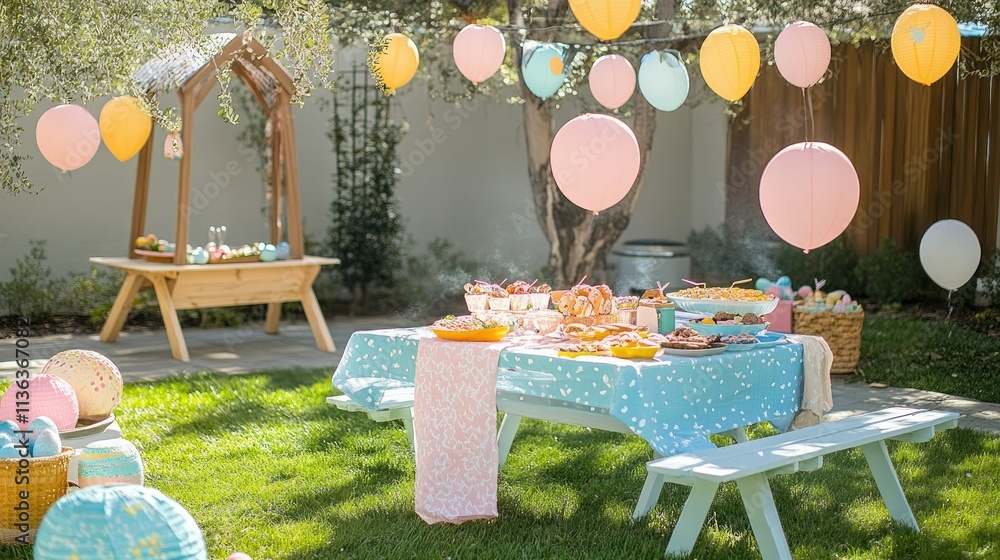 Fototapeta premium A group of friends celebrating Easter with a backyard barbecue and pastel-themed decor.