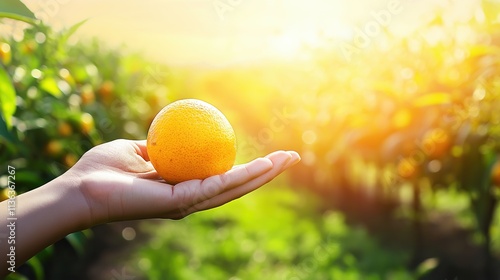 A hand holds a vibrant ripe orange, showcasing a lush garden filled with orange trees. The sunlight enhances the natural beauty of the fruit photo