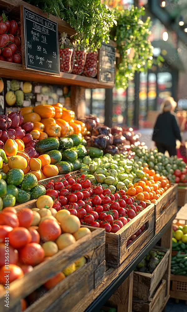 A vibrant market display of fresh fruits and vegetables in wooden crates. A vibrant market display of fresh fruits and vegetables in wooden crates.