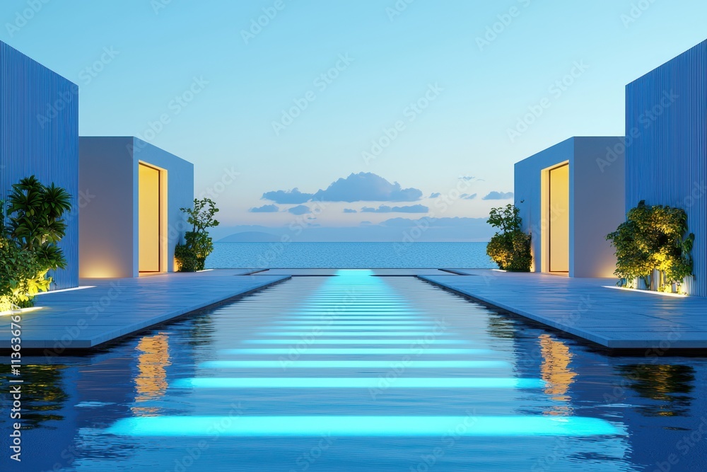 Naklejka premium A serene waterfront scene featuring illuminated pathways leading through modern structures, creating a tranquil ambiance at twilight.