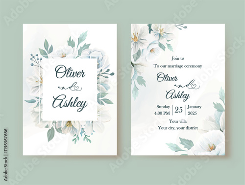 Set of Elegant floral Wedding invitation Template with Hand drawn floral and watercolor background