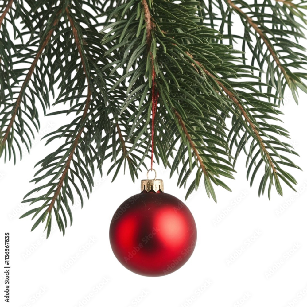 Red Christmas Ornament Hanging on Fir Tree Branch Isolated on White Background Red Christmas Ornament Hanging on Fir Tree Branch Isolated on White Background