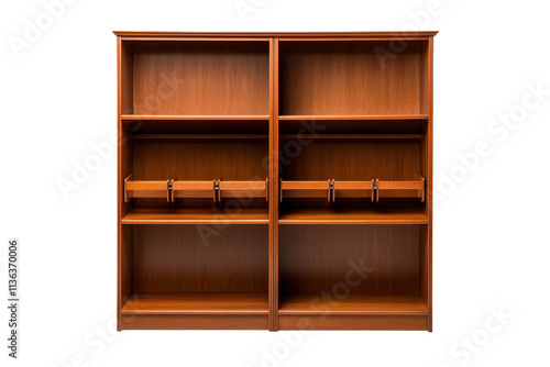 Wooden shelving unit with multiple compartments for storage and organization. transparent background. photo