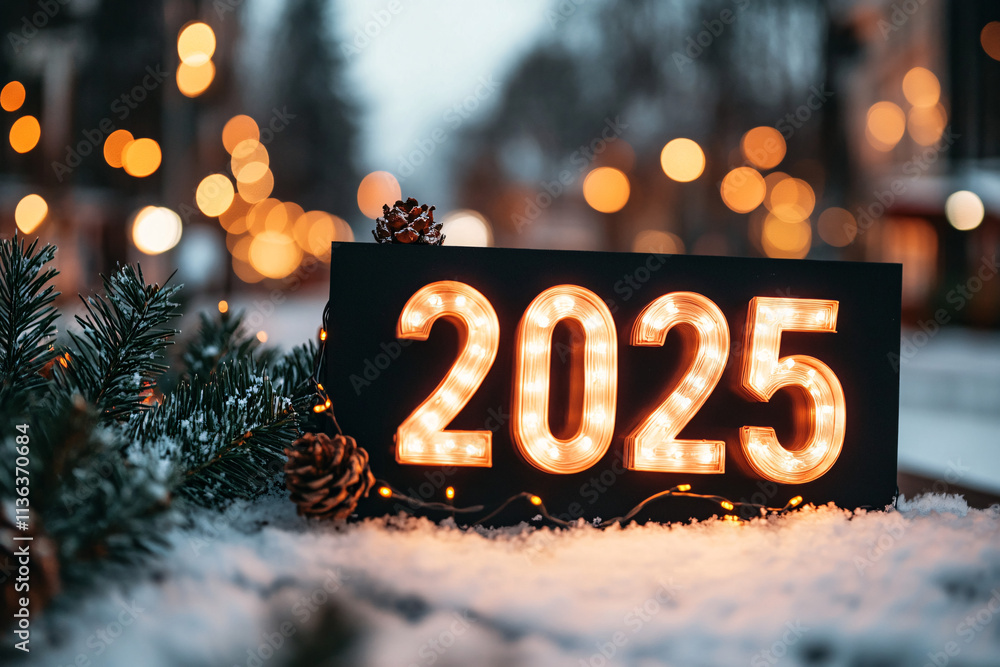 Glowing 2025: A snowy, festive New Year's Eve backdrop. Warm lights illuminate the scene, creating a magical atmosphere. Glowing 2025: A snowy, festive New Year's Eve backdrop. Warm lights illuminate the scene, creating a magical atmosphere.