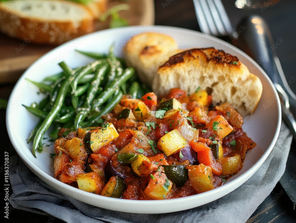 A colorful dish featuring ratatouille, green beans, and bread, showcasing a hearty meal. A colorful dish featuring ratatouille, green beans, and bread, showcasing a hearty meal.