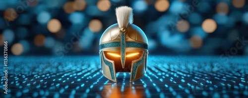A detailed golden helmet rests on a glowing blue surface, with an illuminated faceplate and a distinct white plume, evoking themes of ancient warriors.