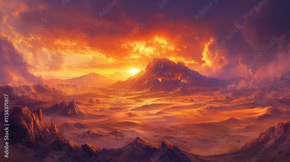 Naklejka premium A sprawling desert landscape with dramatic dunes and a fiery sunset sky.