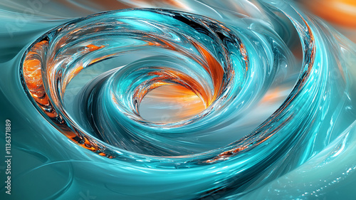 Dynamic turquoise and coral swirls with intense light reflections, providing a striking, modern background