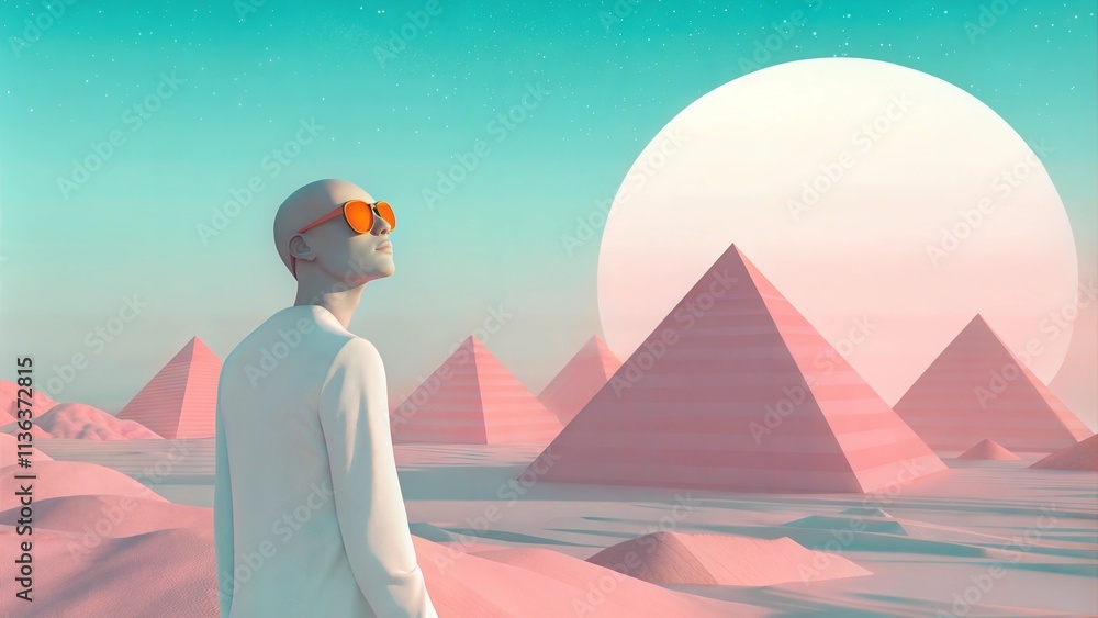 Bald man in sunglasses gazing at pink pyramids and large sun in surreal landscape
