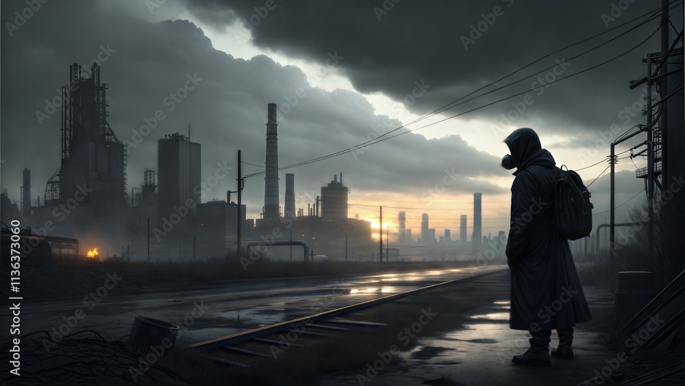 Mysterious figure in trench coat standing in industrial landscape under dark clouds Mysterious figure in trench coat standing in industrial landscape under dark clouds