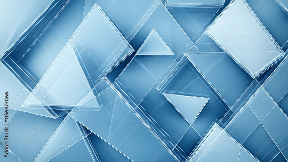 Elegant blue abstract design with overlapping white transparent geometric shapes--triangles, diamonds, and squares Elegant blue abstract design with overlapping white transparent geometric shapes--triangles, diamonds, and squares