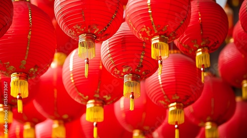 A close-up shot of vibrant red lanterns hanging above a bustling street market filled with vendors selling traditional Chinese New Year foods, such as dumplings, spring rolls, and mooncakes