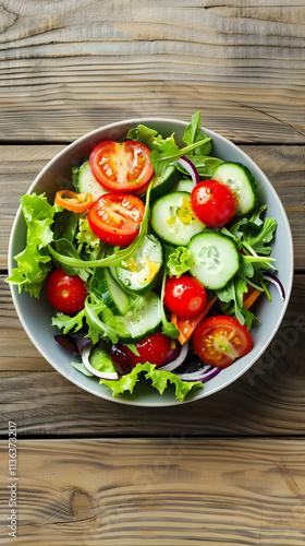 Colorful and Fresh Vegetable Salad in a Rustic Bowl 