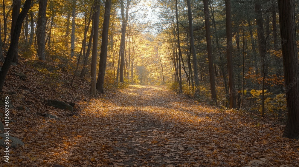 A tranquil forest path covered in autumn leaves with golden sunlight streaming through the trees. A tranquil forest path covered in autumn leaves with golden sunlight streaming through the trees.