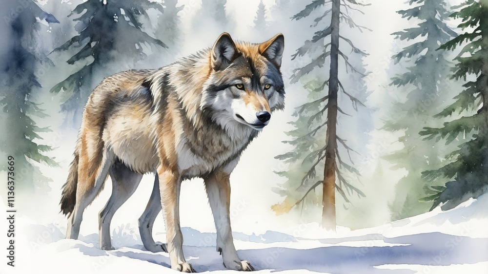 Obraz premium Graceful watercolor of an Alaskan wolf, embodying the spirit of the forest. 
