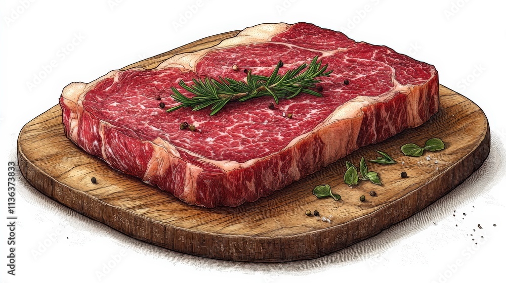 Fresh Raw Steak on Wooden Cutting Board with Green Herb Garnish, Showcasing Intricate Marbling and Juicy Texture Ideal for Culinary Inspiration Fresh Raw Steak on Wooden Cutting Board with Green Herb Garnish, Showcasing Intricate Marbling and Juicy Texture Ideal for Culinary Inspiration