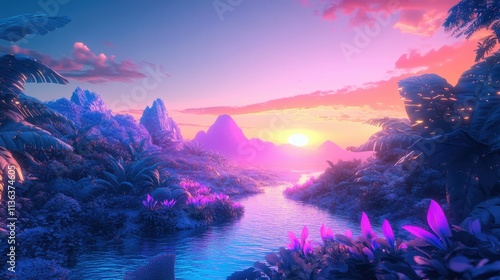 Wallpaper Mural A vivid synthwave fantasy world with luminous plants, glowing wildlife, and a horizon blending neon pink and blue. Seamless Loop Animation. Torontodigital.ca