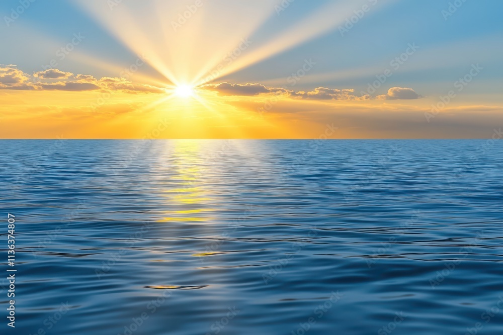 Fototapeta premium A tranquil seascape at sunrise, featuring vibrant rays of sunlight reflecting on calm waters, evoking peace and beauty.