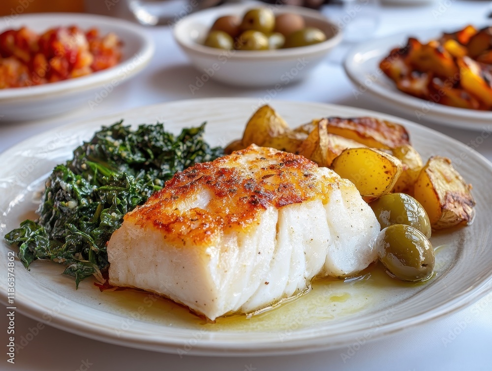 A plate featuring a piece of fish with greens, potatoes, and olives, showcasing a meal. A plate featuring a piece of fish with greens, potatoes, and olives, showcasing a meal.