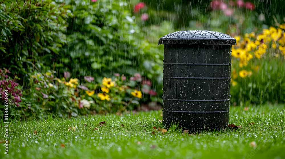Rain-soaked black compost bin in a vibrant garden. Rain-soaked black compost bin in a vibrant garden.