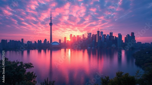 vibrant skyline view of a busy city at dawn, featuring gentle clouds and huge towers.