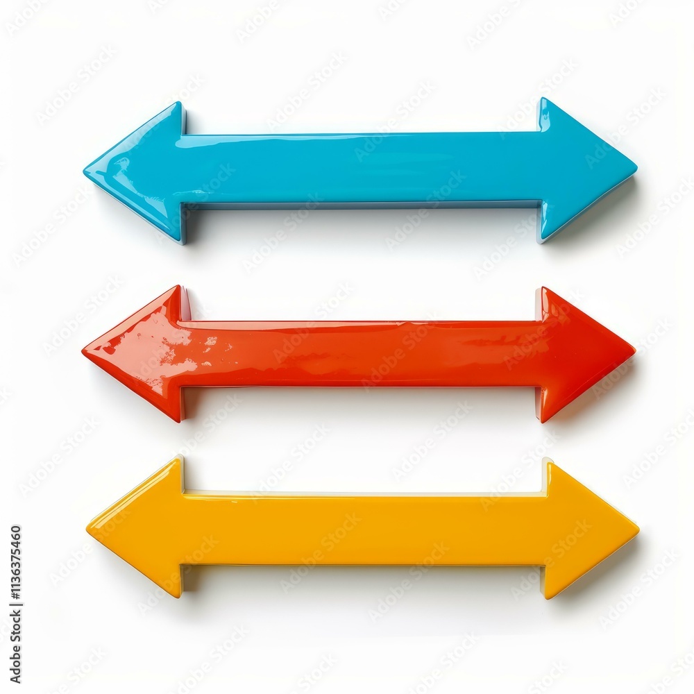 Blue, red and yellow arrows are pointing left on a white background, representing direction, choice and decision making Blue, red and yellow arrows are pointing left on a white background, representing direction, choice and decision making
