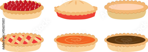 Clip art set of pies, pumpkin, cherry, blueberry, pecan, lime, pie -vector