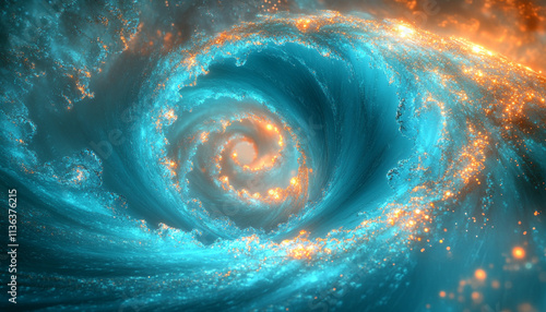 Fluid turquoise and coral swirls with energetic light bursts, perfect for a bold, dynamic background