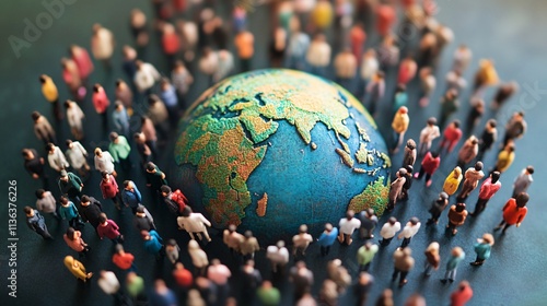 Fototapeta Naklejka Na Ścianę i Meble -  Miniature figurines walking towards planet earth, concept of global population