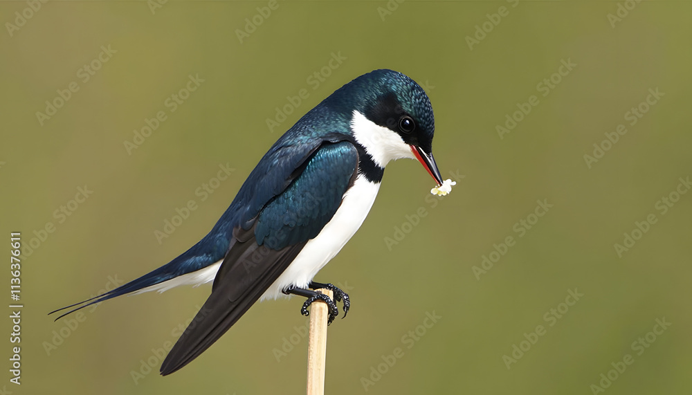 Obraz premium Vibrant blue swallow bird perched on a stick, holding a small piece of food in its beak